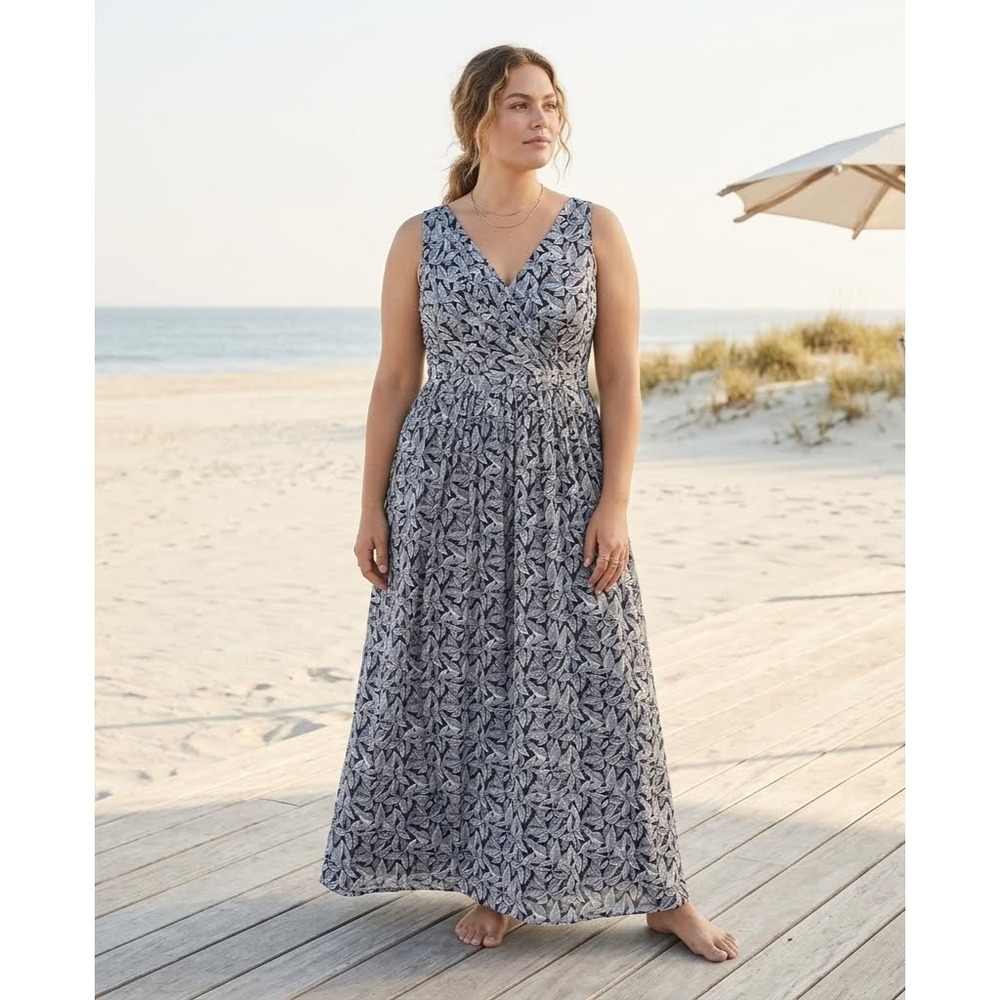LRL Ralph‎ Lauren Tropical Leaf Georgette Belted Maxi Gown Womens 16 Navy V Neck